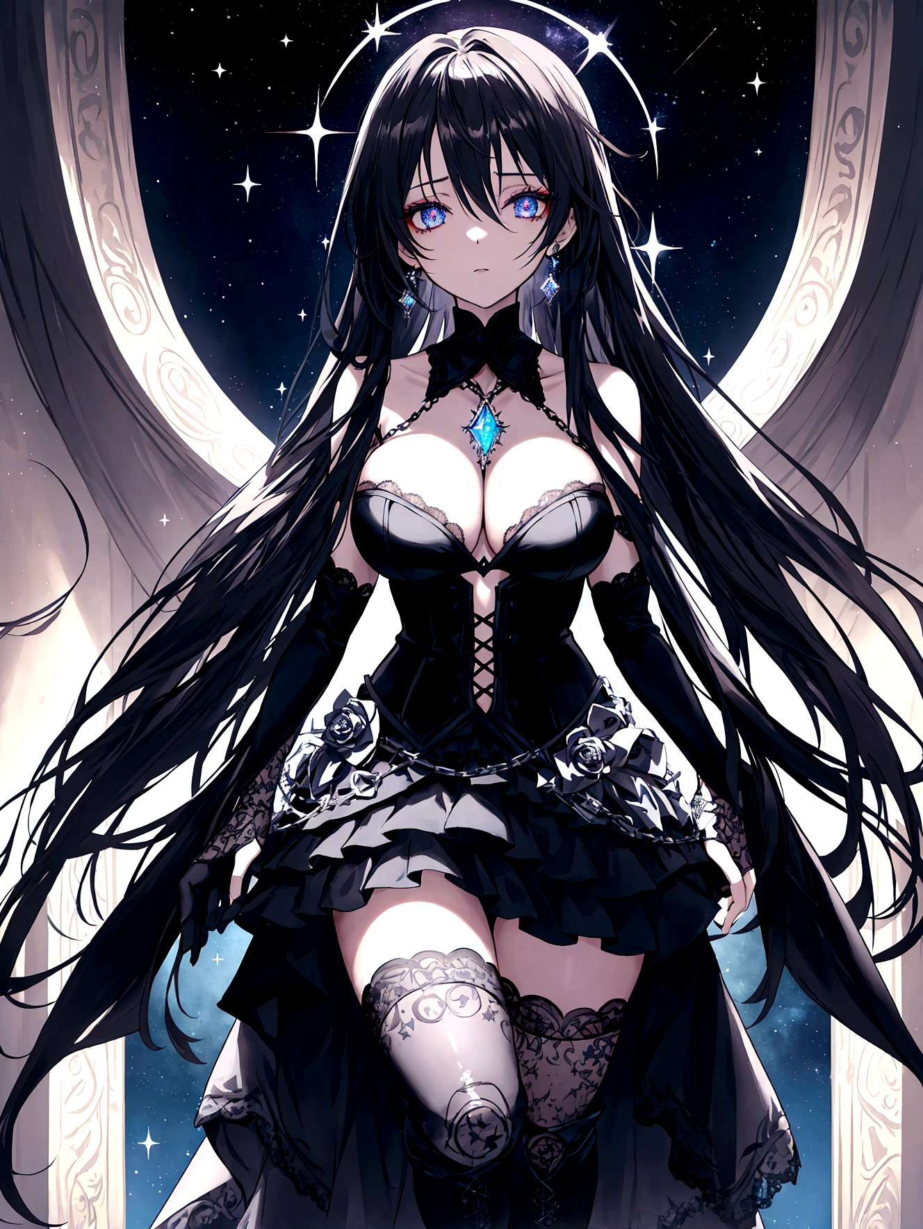 An anime girl with long, flowing dark hair, styled with subtle curls, stands confidently under a dark, starry night sky. Her piercing eyes, highlighted with dramatic makeup, reflect the distant galaxies. She is dressed in elaborate gothic attire: a black lace corset with silver accents, a layered skirt with intricate patterns, and thigh-high boots. Her outfit is adorned with delicate chains, gothic jewelry, and lace gloves that add to her mysterious aura. In her gloved hands, she gently holds a glowing Zorb—an iridescent orb with the "Zora" logo subtly visible inside. The Zorb emanates a soft, ethereal light that casts an otherworldly glow on her face and surroundings. Behind her, the sky is filled with twinkling stars and distant nebulae, creating a mystical and enchanting backdrop.