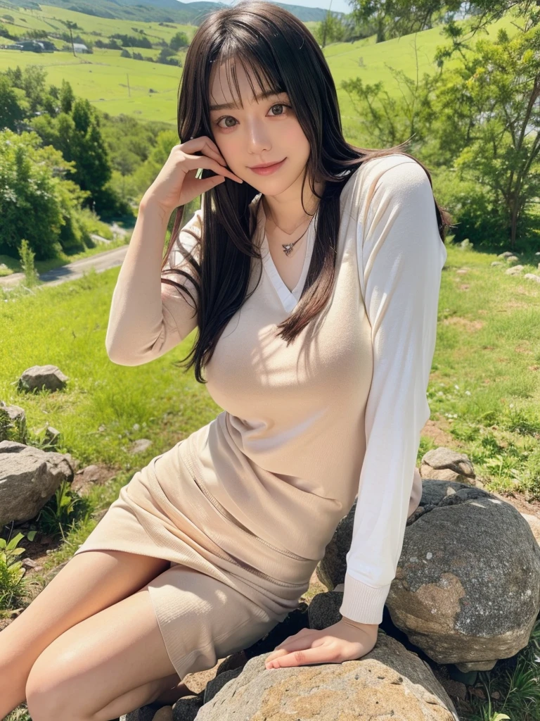 rie,One Woman,(best quality), (ultra detailed), (absolutely resolution),Face is front, 18-year-old, Sit with your hands on the floor, Cardigan and wide pants, The color of the dress is rose pink, The pattern on the clothes is striped, Brown Hair, Quiet beach before dawn