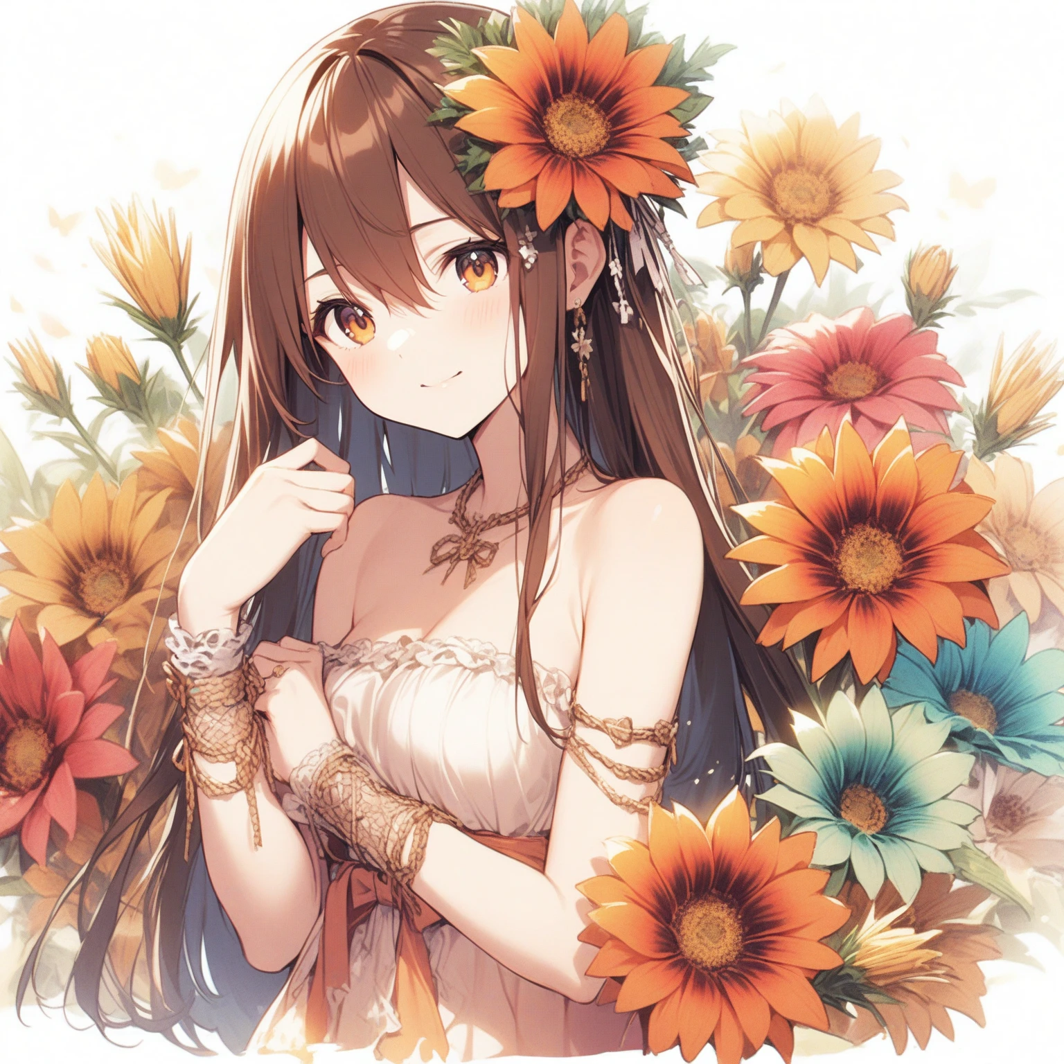 1girl、Gazania rigens、「I'm proud of you」「Dazzling」「White」、Surrounded by Gazania flowers、Cover yourself in jewelry、tegaki