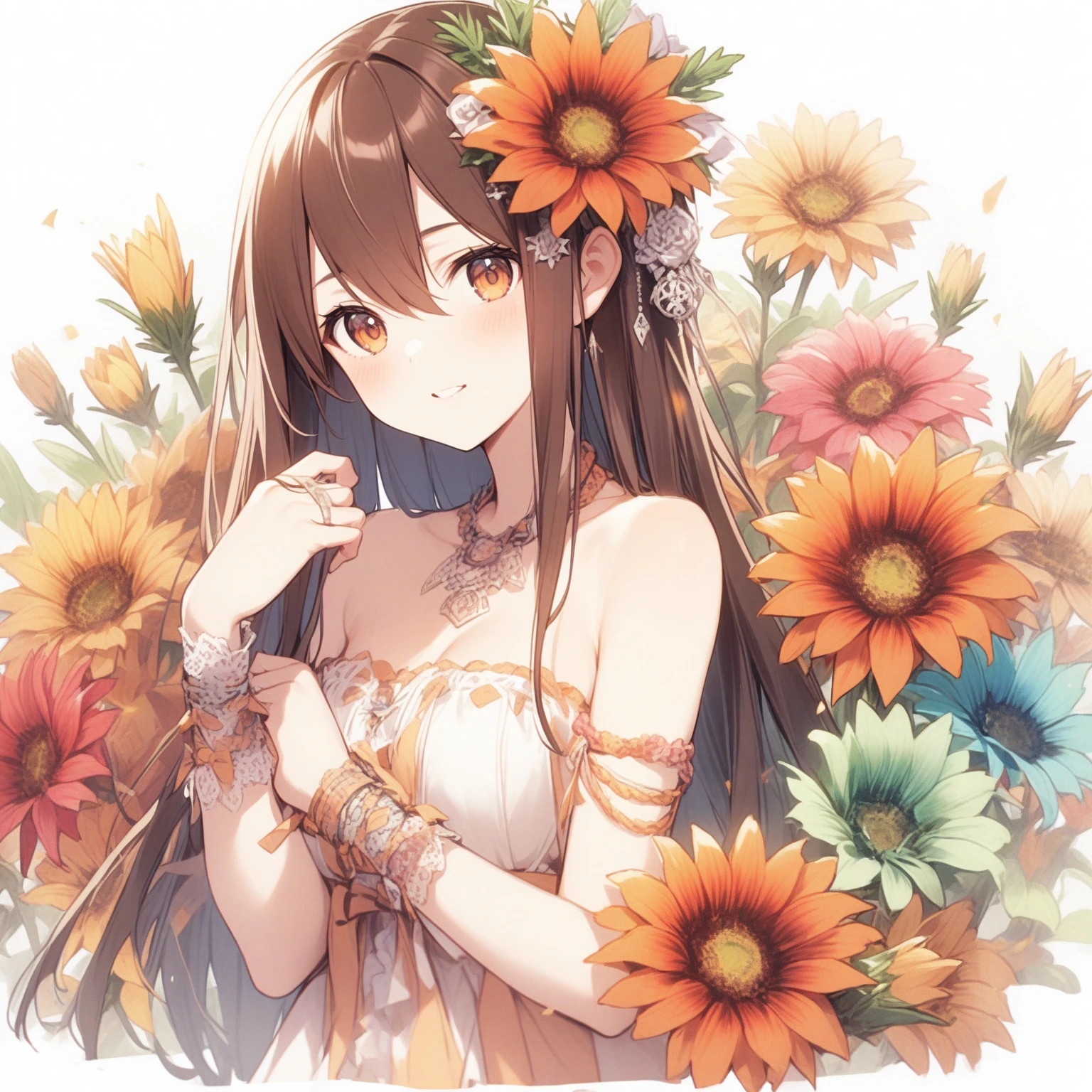 1girl、Gazania rigens、「I'm proud of you」「Dazzling」「White」、Surrounded by Gazania flowers、Cover yourself in jewelry、tegaki