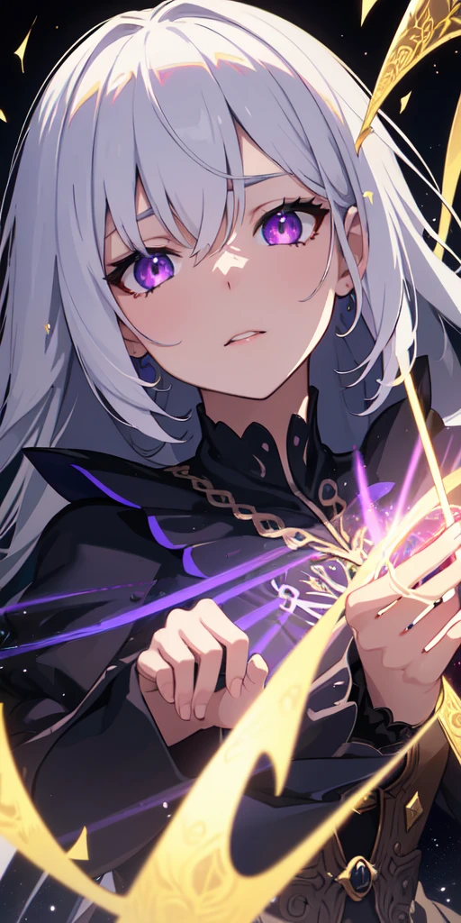 (masterpiece, best quality, ultra-detailed, best shadow), (detailed background,dark fantasy), (beautiful detailed face), high contrast, (best illumination, an extremely delicate and beautiful), ((cinematic light)), colorful, hyper detail, dramatic light, intricate details, (1girl, solo,white hair, sharp face,purple eyes, hair between eyes,dynamic angle), blood splatter, swirling black light around the character, depth of field,black light particles,(broken glass),magic circle,