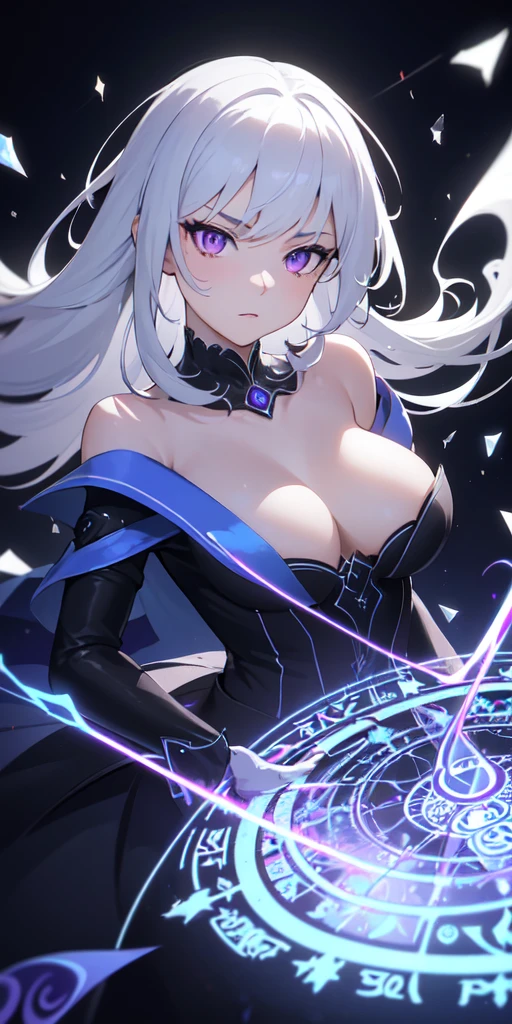 (masterpiece, best quality, ultra-detailed, best shadow), (detailed background,dark fantasy), (beautiful detailed face), high contrast, (best illumination, an extremely delicate and beautiful), ((cinematic light)), colorful, hyper detail, dramatic light, intricate details, (1girl, solo,white hair, sharp face,purple eyes, hair between eyes,dynamic angle), blood splatter, swirling black light around the character, depth of field,black light particles,(broken glass),magic circle,