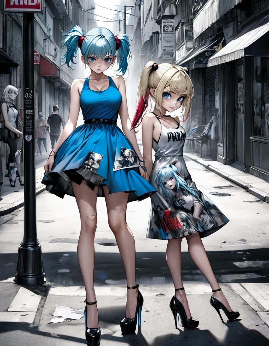 bleach style anime bulma + Serious Harley Quinn with straight mohawk hair thin V-cut dress with Prada print ripped high heels walking on a dark gloomy street scared style photo realism, fully detailed drawing in black and monochromatic bench and only the strong blue eyes