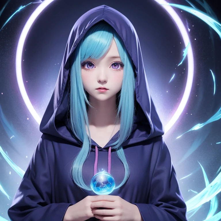 Anime illustration style, light blue hair, long hair, large eyes, small mouth, cute face, purple eyes, cute girl aged 16, very large bust, profession magician, clothing navy blue hooded robe, no hood, background dark corridor, using wind magic, full body image
