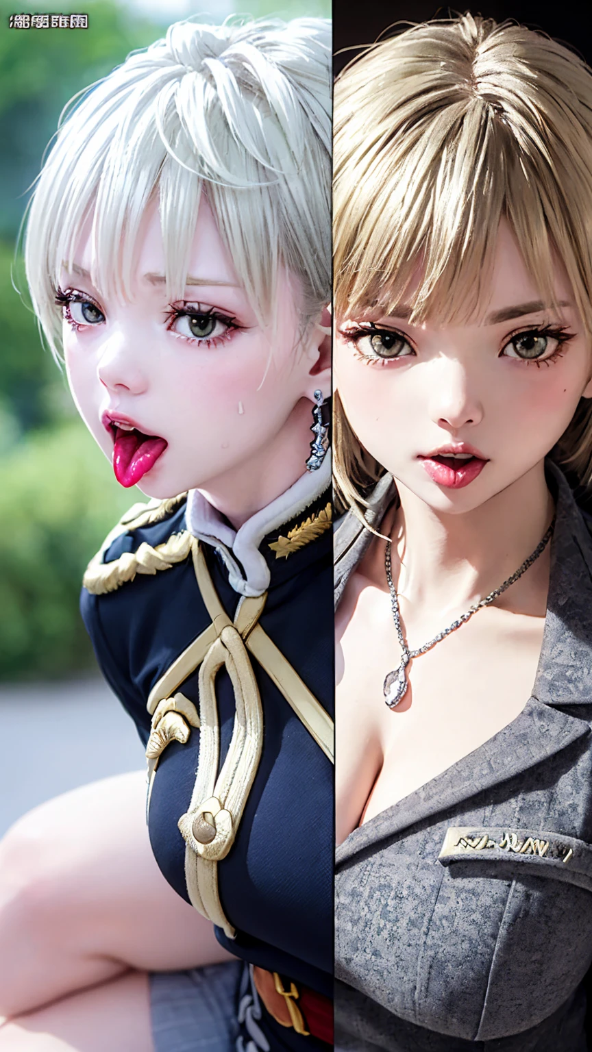 Blowjobする女、(masterpiece: 1.3), (Maximum resolution: 1.2), (Ultra HD TV: 1.2), Cinematic Light, 8K resolution, Detailed facial features , (Sharp focus: 1.2）, (Shoot the whole body with a focus on the face),Perfect Style, Beautiful Face, Acura, Anatomically correct, Highly detailed face and skin quality感, Beautiful Eyes,ThroughｋBright Eyes,  Natural Cheeks, Glowing Skin,  (Glossy Lips: 1.4),、 (A 恥ful expression: 1.2),Highly detailed face and skin quality, Natural Cheeks, , Glossy Lips,Exposed cleavage、（White mucus on chest:1.6）（White mucus on thighs:1.6）、Please open your knees、decision、Glaring at the camera、Spread your legs、Sparkly little earrings and necklace、Disheveled clothes、Drenched in sweat、Sit on a chair、Silver Hair、Blue-gray eyes、Green-gray eyes,(Miniskirt military uniform:1.4)、scarf、Commanded by the enemy、Mature figure、tongueで舐める、Open Mouth、tongue、Blowjob