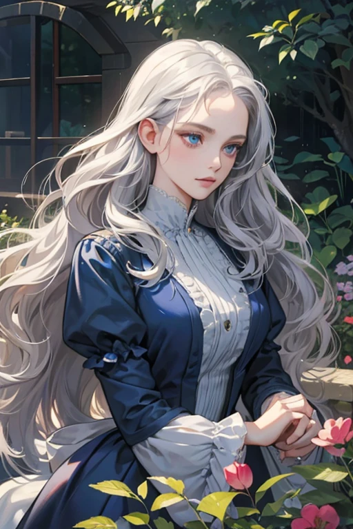 a digital painting of a woman with long silver wavy hair, blue eyes, a noble woman from the 1800's , soft features, navy blue dress, in a garden, portrait style