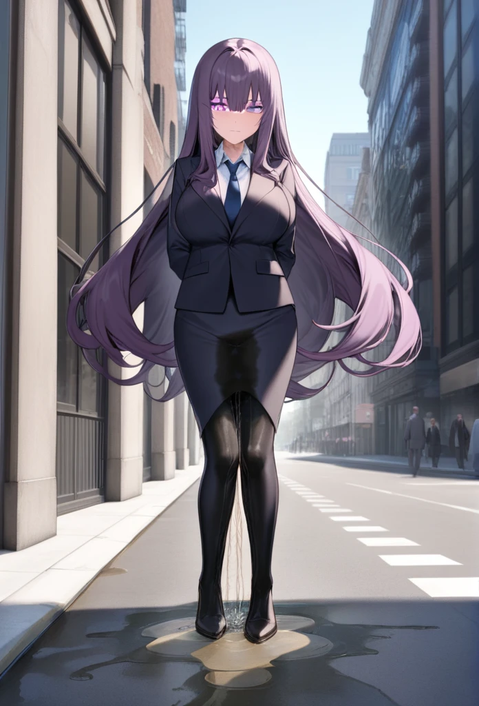 (masterpiece:1.37), best quality, (extremely detailed:1.37) woman, (adult:1.5), (very long hair:1.5), dark purple hair, purple eyes, (extremely detailed eyes:1.37), breasts, business suit, necktie, (very long pencil skirt:2.0), pantyhose, (wetting herself:2.0), arms behind back, standing straight, full body day, daytime, glow, facing viewer, perfect composition, full body, city, street