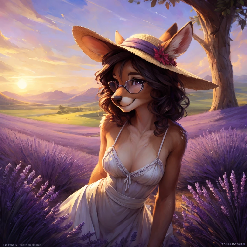 uploaded on e621, by Pixelsketcher, by Bayard Wu, by Thomas Benjamin Kennington , by Einshelm, by hioshiru and kenket, Chunie, portrait, solo anthro female deer doe, with small featureless breasts, clear dark blue, cinematic lighting, day, sunny day, lavender field, stays in a lavender field, lavender field background, mediterranean background, horizon background, shiny, short curly dark brown hair, wears big black nerd glasses, very very beautiful furry art, furry art, smiling, joyful, shiny, happy, feminine, cute face, muzzle, fluffy chest, flawless face, Fallow deer, 1girl, Sakimichan is beautiful, Masterpiece, Wavethesallow Face, shiny, Detailed image, portrait, Detailed image, portrait, full body, wearing pure white and wide spaghetti straps dress, wearing big and wide beige summer straw hat, shiny, realistic face, perfect anatomy, hourglass body, (furry body:1.1), anthropomorphic deer, looks at the viewer, small fluffy tail, detailed background, (cute anatomy:1.1), stands in a lavender field