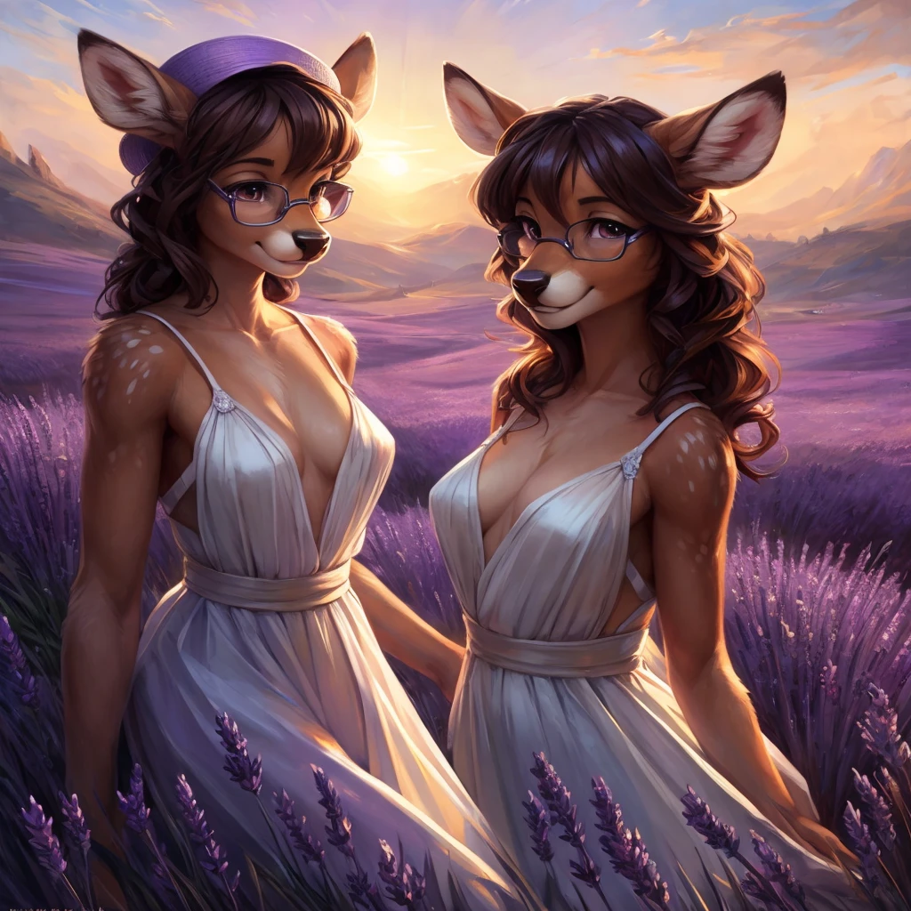 uploaded on e621, by Pixelsketcher, by Bayard Wu, by Thomas Benjamin Kennington , by Einshelm, by hioshiru and kenket, Chunie, portrait, solo anthro female deer doe, with small featureless breasts, clear dark blue, cinematic lighting, day, sunny day, lavender field, stays in a lavender field, lavender field background, mediterranean background, horizon background, shiny, short curly dark brown hair, wears big black nerd glasses, very very beautiful furry art, furry art, smiling, joyful, shiny, happy, feminine, cute face, muzzle, fluffy chest, flawless face, Fallow deer, 1girl, Sakimichan is beautiful, Masterpiece, Wavethesallow Face, shiny, Detailed image, portrait, Detailed image, portrait, full body, wearing pure white and wide spaghetti straps dress, wearing big and wide beige summer straw hat, shiny, realistic face, perfect anatomy, hourglass body, (furry body:1.1), anthropomorphic deer, looks at the viewer, small fluffy tail, detailed background, (cute anatomy:1.1), stands in a lavender field