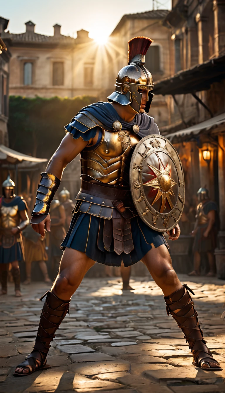 As the sun began to set, The warm golden color of the sun shone on his clothes, Intense gladiator duel, set in ancient Rome, historical painting, background dark, hyper realistic, ultra detailed hyper realistic, photorealistic, Studio Lighting, reflections, dynamic pose, Cinematic, Color Grading, Photography, Shot on 50mm lens, Ultra-Wide Angle, Depth of Field, hyper-detailed, beautifully color, 8k, golden light from the front,