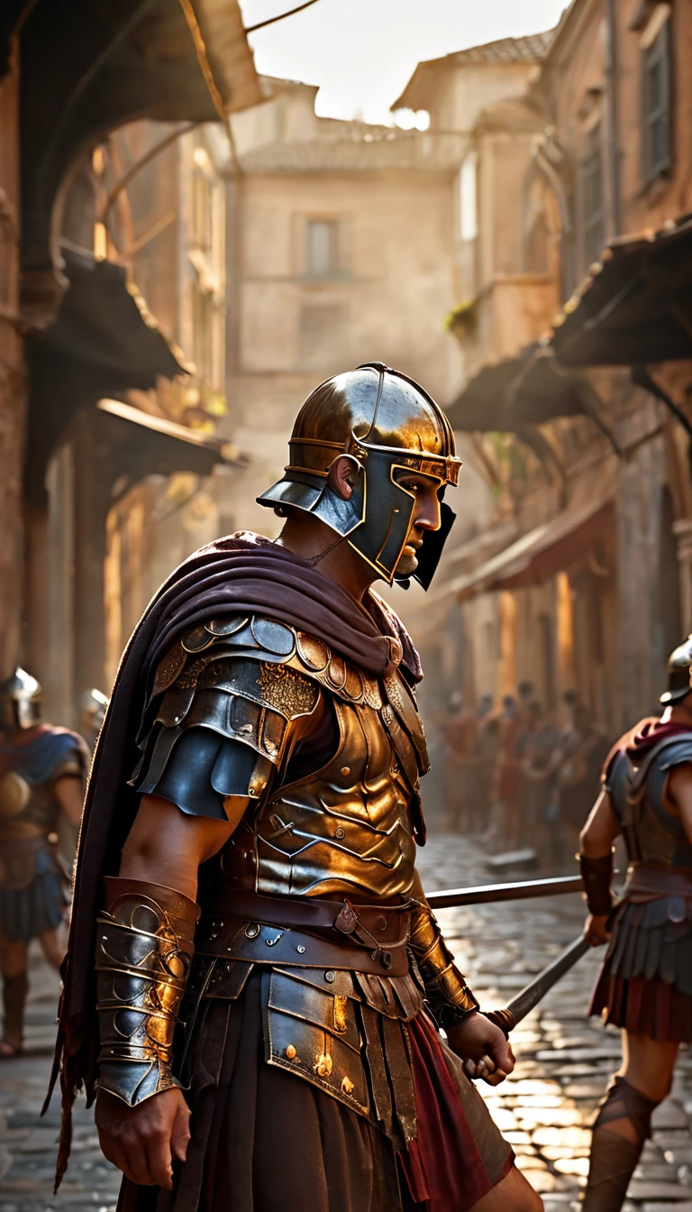 As the sun began to set, The warm golden color of the sun shone on his clothes, Intense gladiator duel, set in ancient Rome, historical painting, background dark, hyper realistic, ultra detailed hyper realistic, photorealistic, Studio Lighting, reflections, dynamic pose, Cinematic, Color Grading, Photography, Shot on 50mm lens, Ultra-Wide Angle, Depth of Field, hyper-detailed, beautifully color, 8k, golden light from the front,