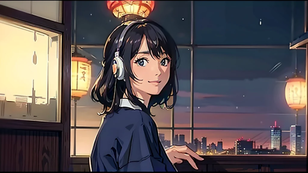 masterpiece, Highest quality, smile Dress shirt Create a scene of a 25-year-old woman looking out the window, Listening to music on headphones, In a quiet and relaxing environment, Short black hair, View from behind, Gazing at the horizon, At night, and through the window you can see fireflies and a beautiful landscape full of stars At night, Characters with lots of detail on their faces, hands and hair,Illustration Style、Showa anime、ukiyo-e、((girl))、Tokyo、Soft Touch、((Modern))、winter、High resolution, samba, latina,Rainy night,Tokyo