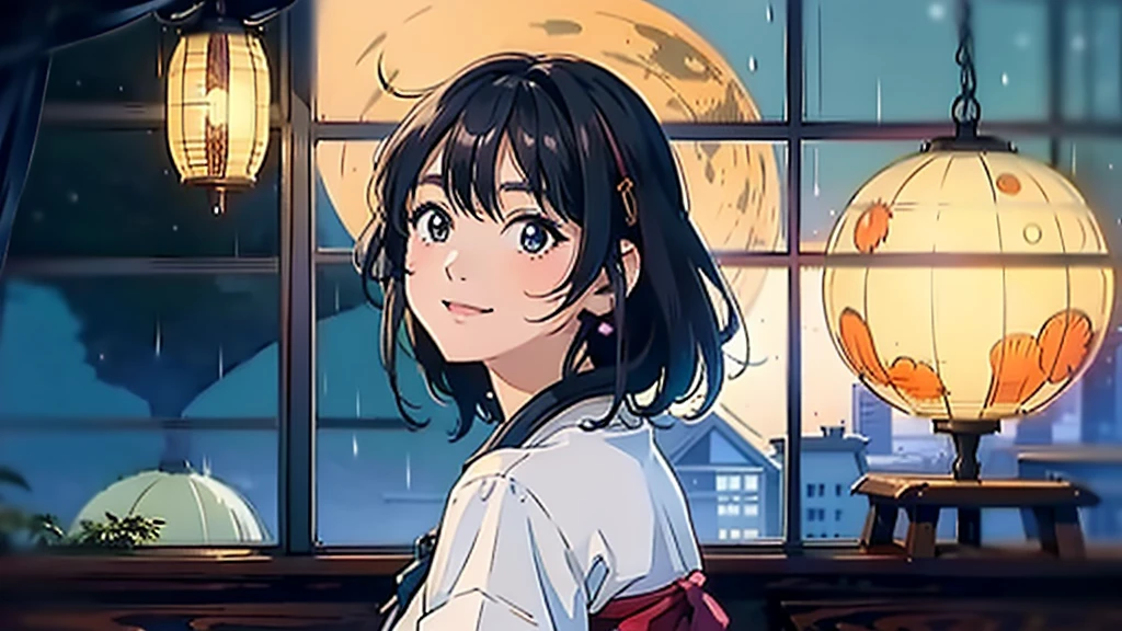 masterpiece, Highest quality, smile Dress shirt Create a scene of a 25-year-old woman looking out the window, Listening to music on headphones, In a quiet and relaxing environment, Short black hair, View from behind, Gazing at the horizon, At night, and through the window you can see fireflies and a beautiful landscape full of stars At night, Characters with lots of detail on their faces, hands and hair,Illustration Style、Showa anime、ukiyo-e、((girl))、Tokyo、Soft Touch、((Modern))、winter、High resolution, samba, latina,Rainy night,Tokyo