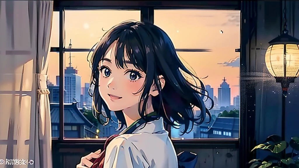masterpiece, Highest quality, smile　Dress shirt　Create a scene of a 25-year-old woman looking out the window, Listening to music on headphones, In a quiet and relaxing environment, Short black hair, View from behind, Gazing at the horizon, At night, and through the window you can see fireflies and a beautiful landscape full of stars At night, Characters with lots of detail on their faces, hands and hair,Illustration Style、Showa anime、ukiyo-e、((girl))、Tokyo、Soft Touch、((Modern))、winter、High resolution, samba, latina,Rainy night,Tokyo
