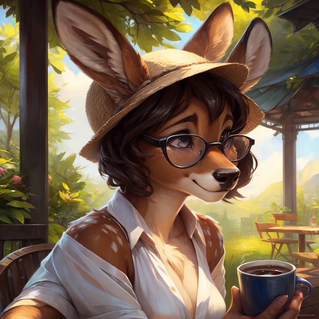 uploaded on e621, by Pixelsketcher, by Bayard Wu, by Thomas Benjamin Kennington , by Einshelm, by hioshiru and kenket, Chunie, portrait, solo anthro female deer doe, tiny featureless breasts, tiny breasts, clear dark blue, cinematic lighting, day, sunny day, sitting outside at a café, café background, french background, old french background, shiny, short curly dark brown hair, short hair, wears big black nerd glasses, very very beautiful furry art, furry art, thoughtful, shiny, feminine, cute face, muzzle, fluffy chest, flawless face, Fallow deer, 1girl, Sakimichan is beautiful, Masterpiece, Wavethesallow Face, shiny, Detailed image, portrait, Detailed image, portrait, wears pure white wide, big blouse, wears beige summer straw hat, shiny, realistic face, perfect anatomy, hourglass body, anthropomorphic deer, happy, very happy, small ears, huge black nerd glasses, wide happy eyes, look at viewer, smiles, big smile, holds big cup of coffee, hourglass body, (furry body:1.1), anthropomorphic deer, small fluffy tail, detailed background, (cute anatomy:1.1), looks into the distance