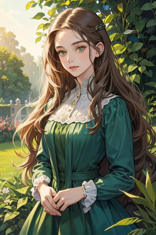 a digital painting of a woman with long brown wavy hair, green eyes, a young noble woman from the 1800's , soft features, navy blue dress, in a garden, portrait style