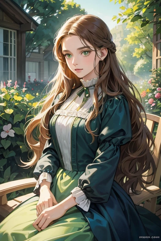 a digital painting of a woman with long brown wavy hair, green eyes, a young noble woman from the 1800's , soft features, navy blue dress, in a garden, portrait style