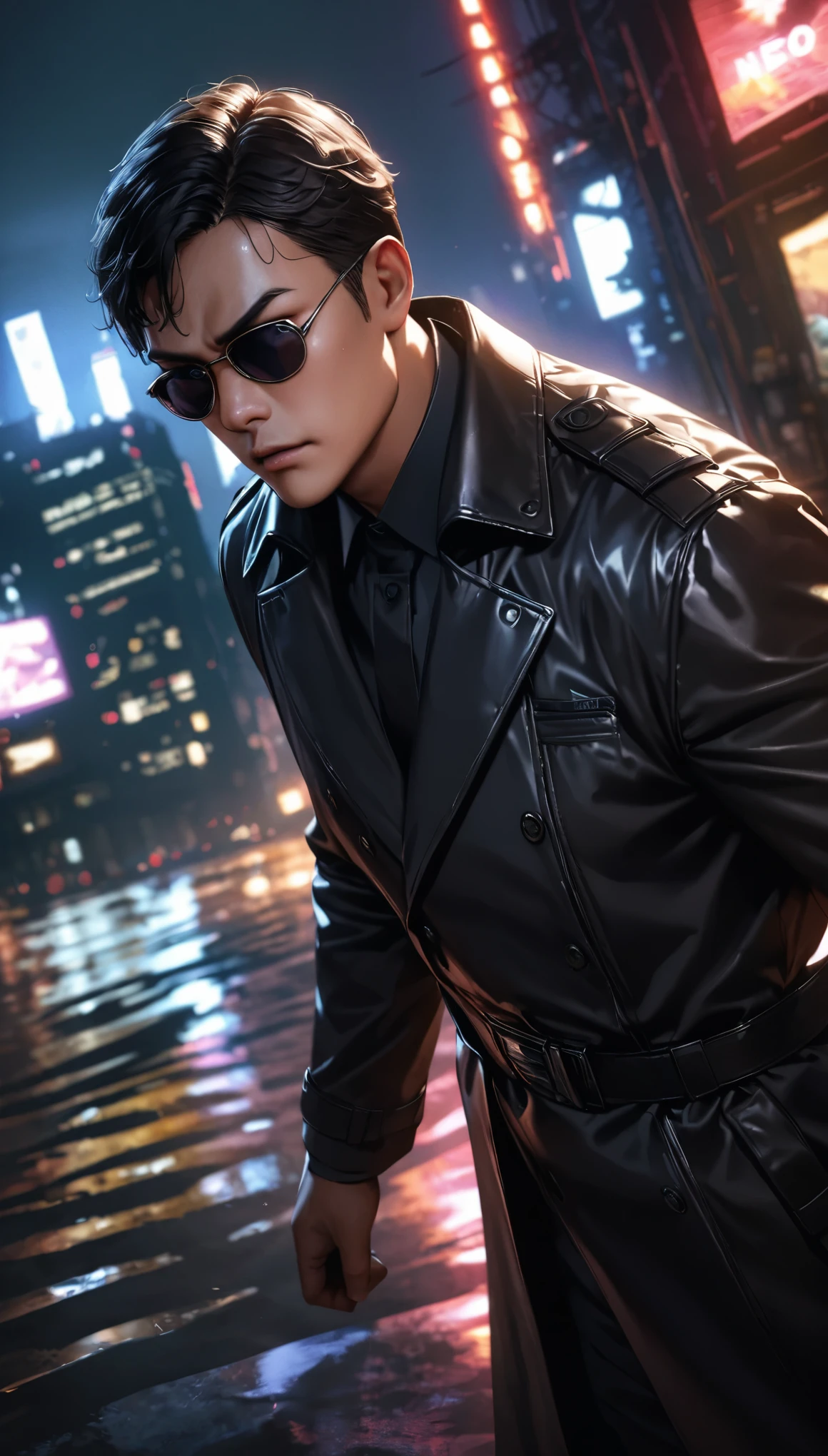 Man wearing a black trench coat:1.2、sunglasses、細部までRealなポートレート、Cinematic lighting、Dramatic angle、high quality、Hyperrealistic、Exquisite detail、Photorealistic、8K、Real、Sharp focus、Bright colors、Dramatic lighting、Chiaroscuro、Impressive pose、Serious expression、Moody atmosphere、Urban Scene、City Background、Gritty、Neo-Noir