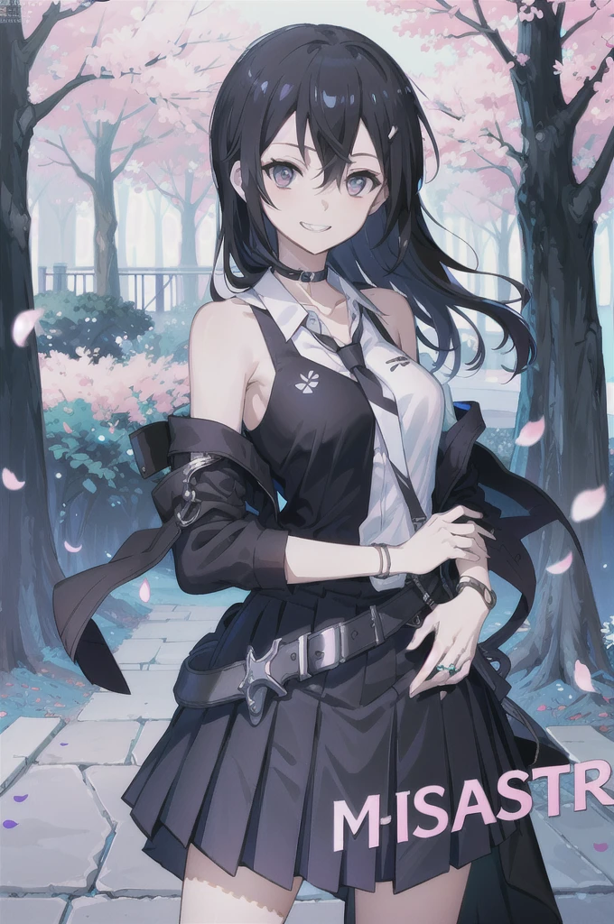 masterpiece, best quality, full body,
1girl, bangs, black choker, black necktie, black hair, blue skirt, blush, bracelet, breasts, choker, clothes around waist, collarbone, collared shirt, cowboy shot, dress shirt, ear piercing, eyebrows visible through hair, gradient hair, grin, gyaru, jewelry, kogal, long hair, looking at viewer, loose necktie, necktie, piercing, plaid, plaid skirt, pleated skirt, red eyes, ring, school uniform, shirt, skirt, smile, solo, white shirt,
street, sky, cherry blossoms, petals,illustration, (magazine:1.3), (cover-style:1.3), fashionable, woman, vibrant, outfit, posing, front, colorful, dynamic, background, elements, confident, expression, holding, statement, accessory, majestic, coiled, around, Touch, scene, Text, cover, bold, attention-grabbing, title, stylish, Font, catchy, headline, larger, striking, modern, trendy, focus, fashion,Female Kirito、Long hair、stocking
