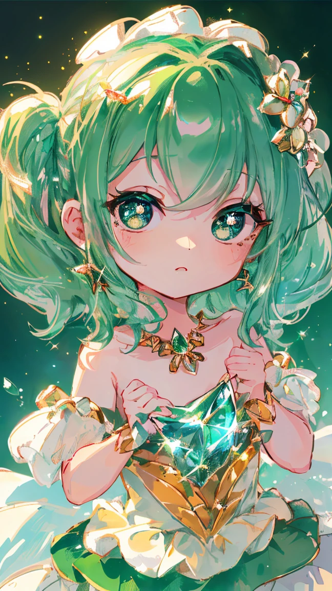 1 girl masterpiece, highest quality, shape, emerald green eyes and hair, platinum earrings, platinum necklace, Sea, The Little Mermaid, cute, (dynamic lighting:1.2), cinematic lighting, delicate features, fine eyes, sharp pupils, realistic student, written boundary depth, Bokeh, sharp focus, (very detailed, bloom, shine:1.4), lots of little gems (((Chibi Character)))(chibi:1.4)