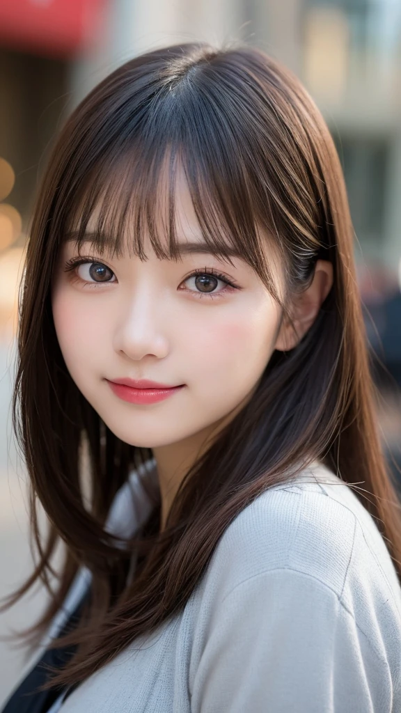 Tabletop, Highest quality, shape, Very detailed, finely, High resolution, 8k wallpaper, 完璧なダイナミックな構shape, Beautiful and exquisite, Gorgeous black fluffy Tokyo winter wear,ランダムなcute髪,Small breasts,Natural color lip, ,smile、20-year-old girl、cute、常にBlur the background,Perfect and beautiful face,Photograph only the face,Beautiful and dense face、Slim face and figure,Big eyes、Putting on gal makeup,Blur the background,Blur the background,Face close-up