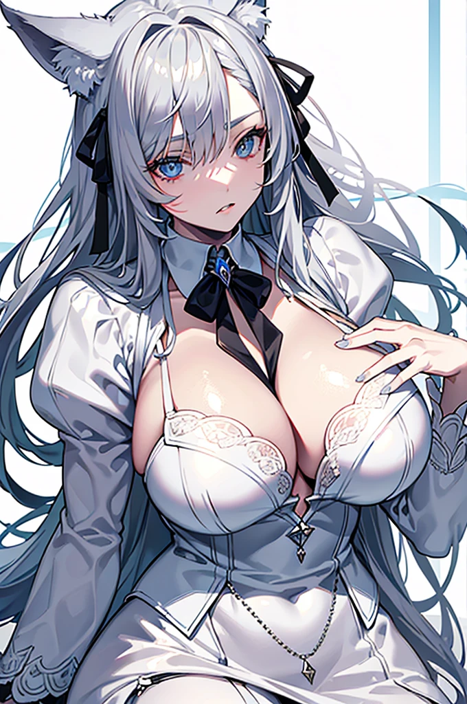 best qualtiy,tmasterpiece,The is very detailed,4K,Gray hair and shallow eyes,Drag cool expressions,Wolf ears,Erect scar on the left eye,British style,1girl,Absolutely beautiful, huge breasts, white costume, ear ribbon