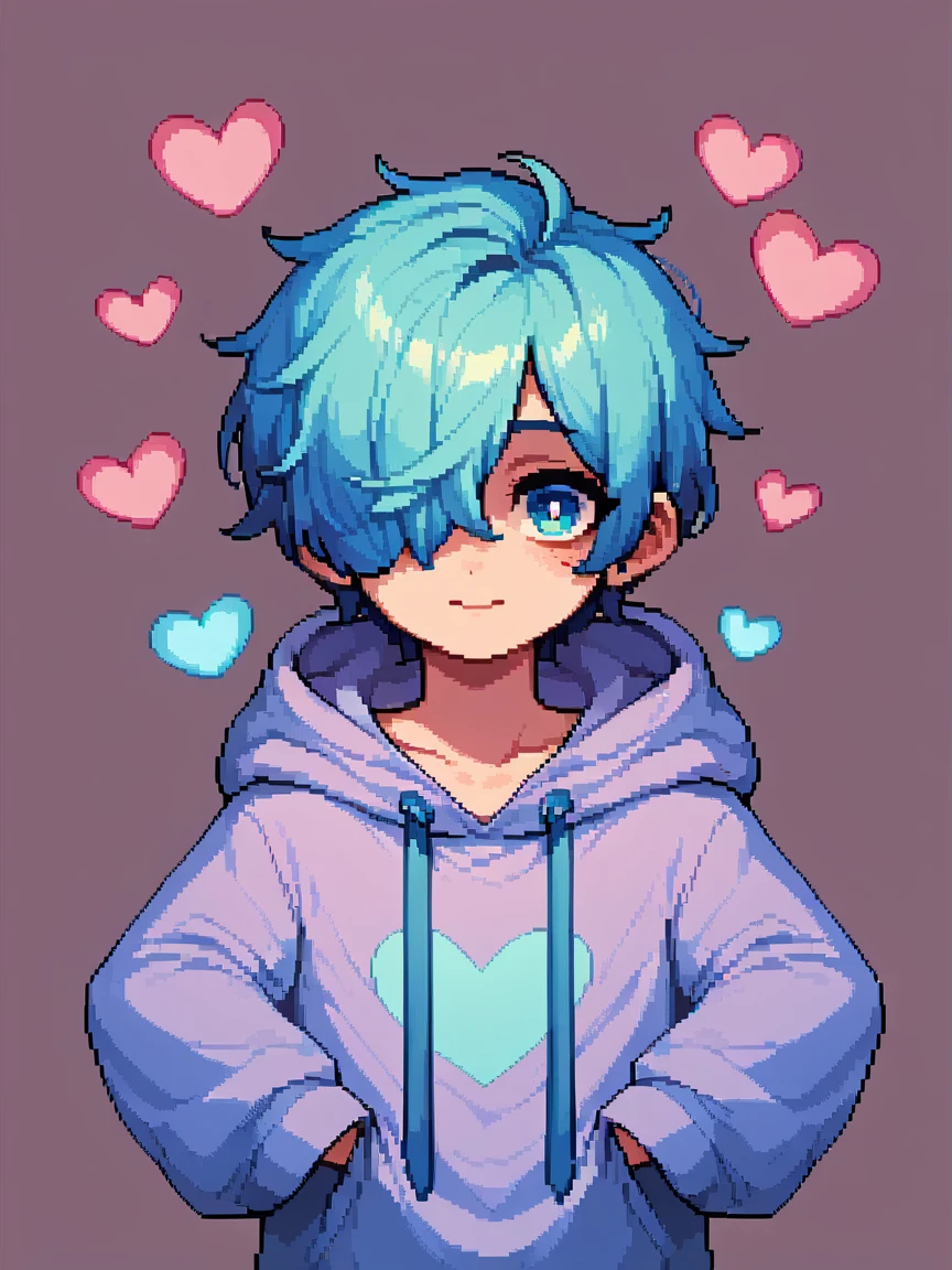 score_9, score_8_up, score_7_up, score_6_up, pixel art, 1boy, long cyan hair, hair over one eye, oversized hoodie, exposed lower half, heart shaped floating icons
