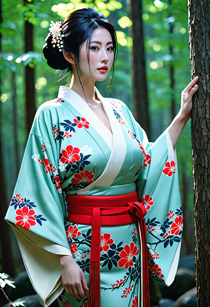 Beautiful woman、Japanese tradition、(Very large breasts)、kimono、Spectacular views、Suspicious atmosphere、Cinematic atmosphere、(best quality,4K,8K,highres,masterpiece:1.2),ultra-detailed,(realistic,photorealistic,photo-realistic:1.37)、Dim lighting、whole body、forest、forest、Dim lighting、(looking at viewer),Realistic、Like live action、Cinematic film