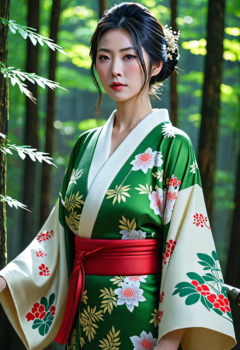 Beautiful woman、Japanese tradition、(Very large breasts)、kimono、Spectacular views、Suspicious atmosphere、Cinematic atmosphere、(best quality,4K,8K,highres,masterpiece:1.2),ultra-detailed,(realistic,photorealistic,photo-realistic:1.37)、Dim lighting、whole body、forest、forest、Dim lighting、(looking at viewer),Realistic、Like live action、Cinematic film
