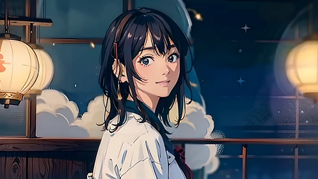 masterpiece, Highest quality, smile　Dress shirt　Create a scene of a 25-year-old woman looking out the window, One person, Listening to music on headphones, In a quiet and relaxing environment, Short black hair, View from behind, Gazing at the horizon, At night, and through the window you can see fireflies and a beautiful landscape full of stars At night, Characters with lots of detail on their faces, hands and hair,Illustration Style、Showa anime、ukiyo-e、((girl))、Tokyo、Soft Touch、((Modern))、winter、High resolution, samba, latina,Rainy night,Tokyo