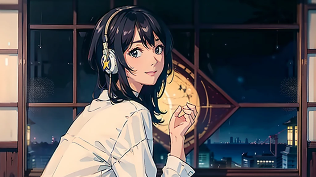 masterpiece, Highest quality, smile Dress shirt Create a scene of a 25-year-old woman looking out the window, One person, Listening to music on headphones, In a quiet and relaxing environment, Short black hair, View from behind, Gazing at the horizon, At night, and through the window you can see fireflies and a beautiful landscape full of stars At night, Characters with lots of detail on their faces, hands and hair,Illustration Style、Showa anime、ukiyo-e、((girl))、Tokyo、Soft Touch、((Modern))、winter、High resolution, samba, latina,Rainy night,Tokyo