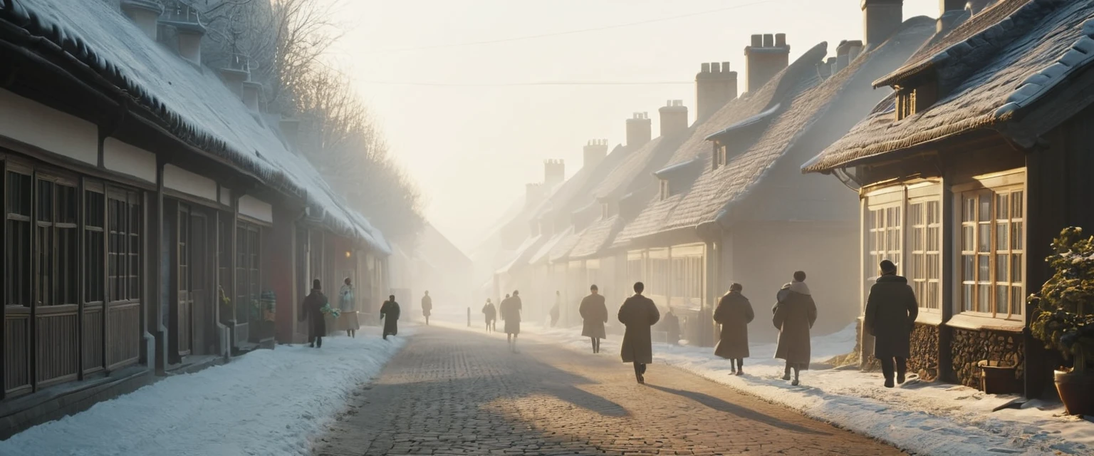 celebrate year: Say goodbye to old friends, welcome new things" Opening scene: (Soft music playing, The scene gradually unfolds, Show the cold winter days,Thick smoke rising from village chimneys. people, Wrapped in a thick winter coat, Walk through busy streets.)