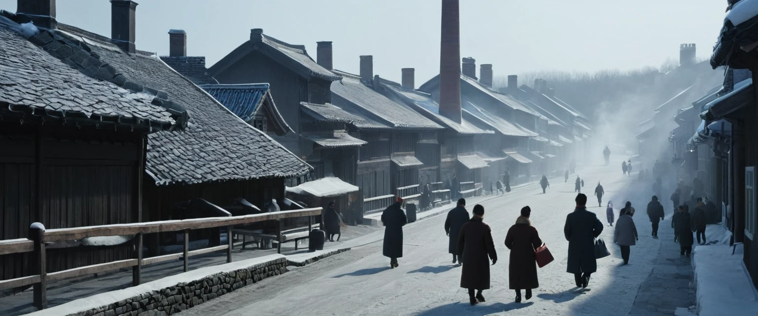 celebrate small year: Say goodbye to old friends, welcome new things" Opening scene: (Soft music playing, The scene gradually unfolds, Show the cold winter days，Thick smoke rising from village chimneys. people, Wrapped in a thick winter coat, Walk through busy streets.)