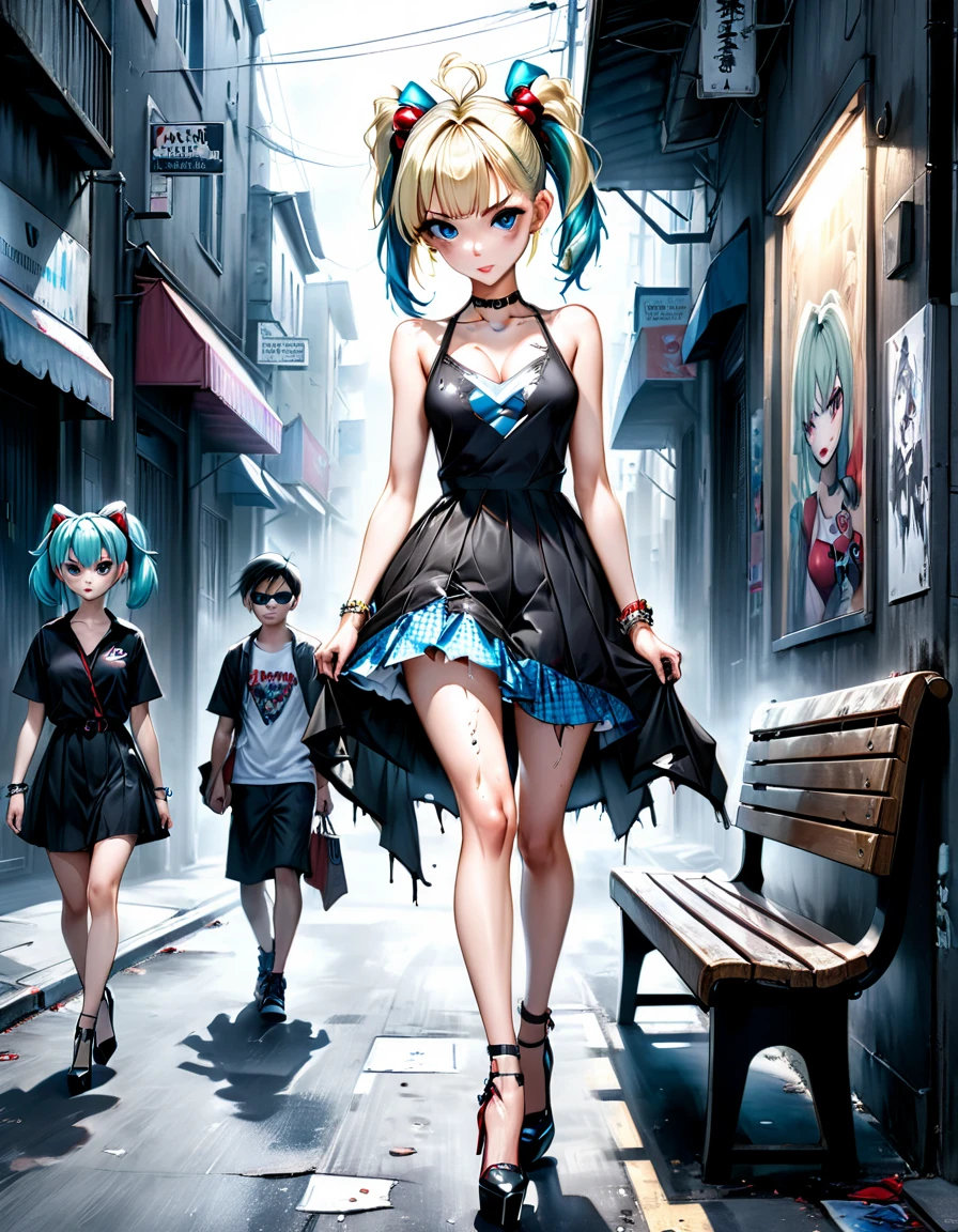 bleach style anime bulma + Serious Harley Quinn with straight mohawk hair thin V-cut dress with Prada print ripped high heels walking on a dark gloomy street scared style photo realism, fully detailed drawing in black and monochromatic bench and only the strong blue eyes