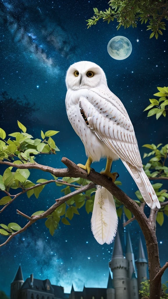 １A white-winged owl is perched on the branch of a large tree,Night Sky,Hogwarts,Photorealistic, precise and high quality