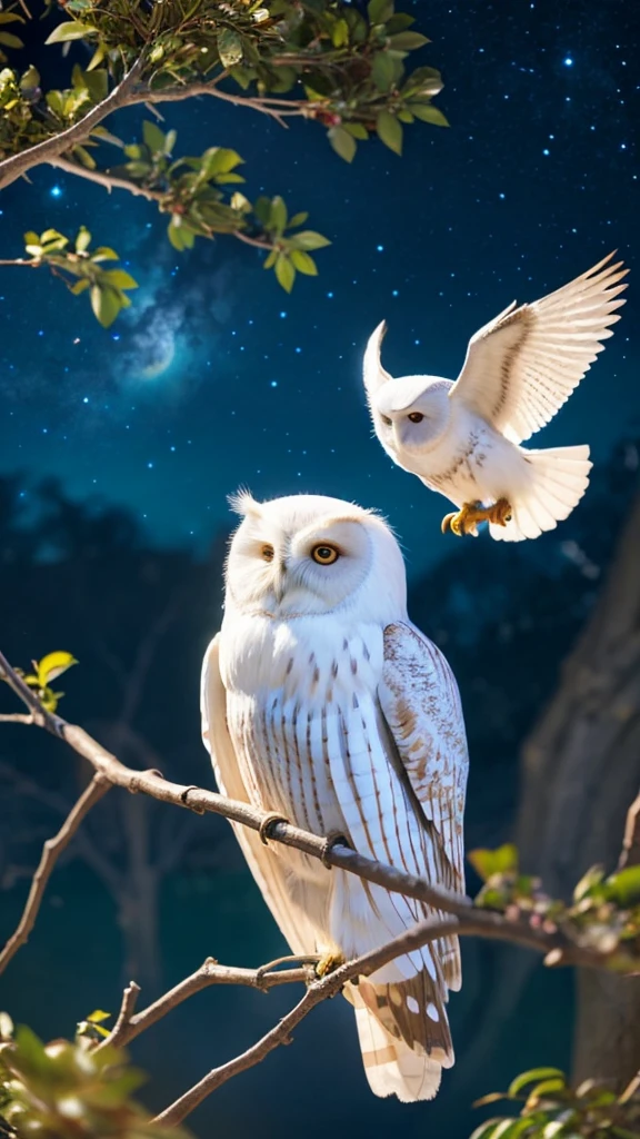 １A white-winged owl is perched on the branch of a large tree,Night Sky,Hogwarts,Photorealistic, precise and high quality