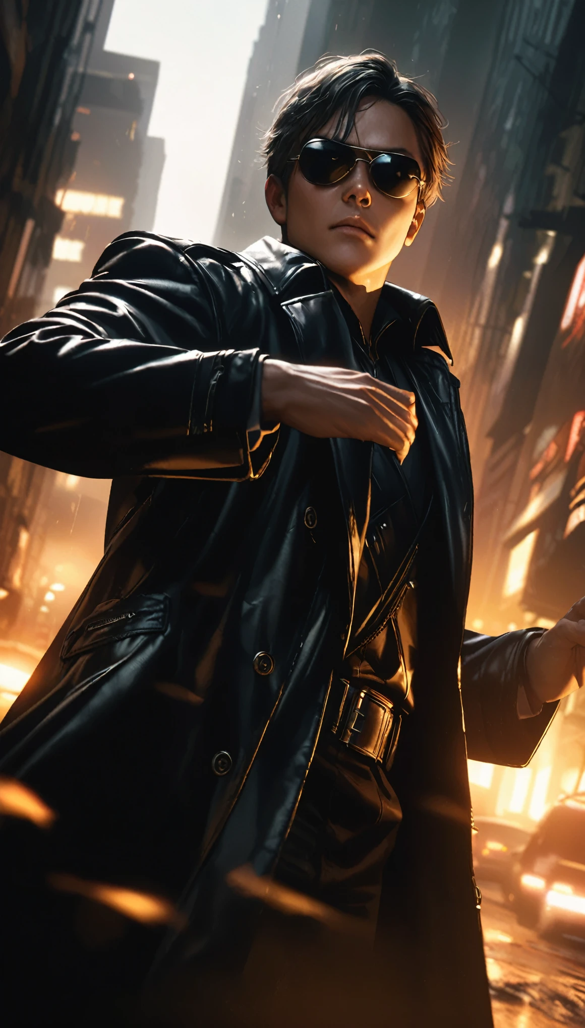 Man wearing a black trench coat:1.2、sunglasses、細部までRealなポートレート、Cinematic lighting、Dramatic angle、high quality、Hyperrealistic、Exquisite detail、Photorealistic、8K、Real、Sharp focus、Bright colors、Dramatic lighting、Chiaroscuro、Impressive pose、Serious expression、Moody atmosphere、Urban Scene、City Background、Gritty、Neo-Noir