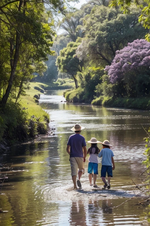 A family with children and happy parents fishing on the banks of a river with clear waters and next to an ipê tree with purple flowers in bloom. The family appears to be super happy and the sky is beautiful, a sunny day. 
