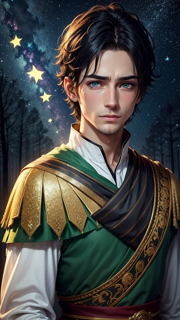 colorful forest, Sky with Stars,Glitter, a man, just face, man has short black Hair and green eyes, tears , screaming, royal clothes