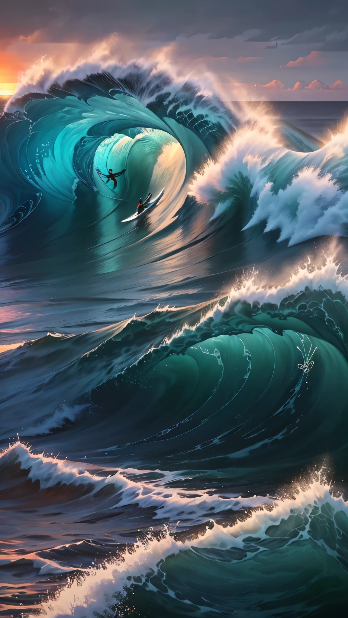 A captivating illustration featuring a giant ocean wave reminiscent of Hokusai’s “The Great Wave off Kanagawa,” rendered in a modern, stylized manner. The wave is the central focus, depicted with vibrant shades of blue and white, crashing towards the viewer. The crest of the wave is detailed with foam and spray, giving it a dynamic and energetic appearance. In the background, a dramatic sky is painted with a gradient of warm colors transitioning from deep red and orange near the horizon to lighter pinks and purples higher up, filled with voluminous clouds that add depth and texture to the scene. The entire composition is set against the backdrop of a setting or rising sun, casting a soft, warm glow over the ocean and sky, enhancing the overall dramatic and serene atmosphere of the artwork. The image captures the raw power of nature and the beauty of the sea, using bold lines and a harmonious color palette.
