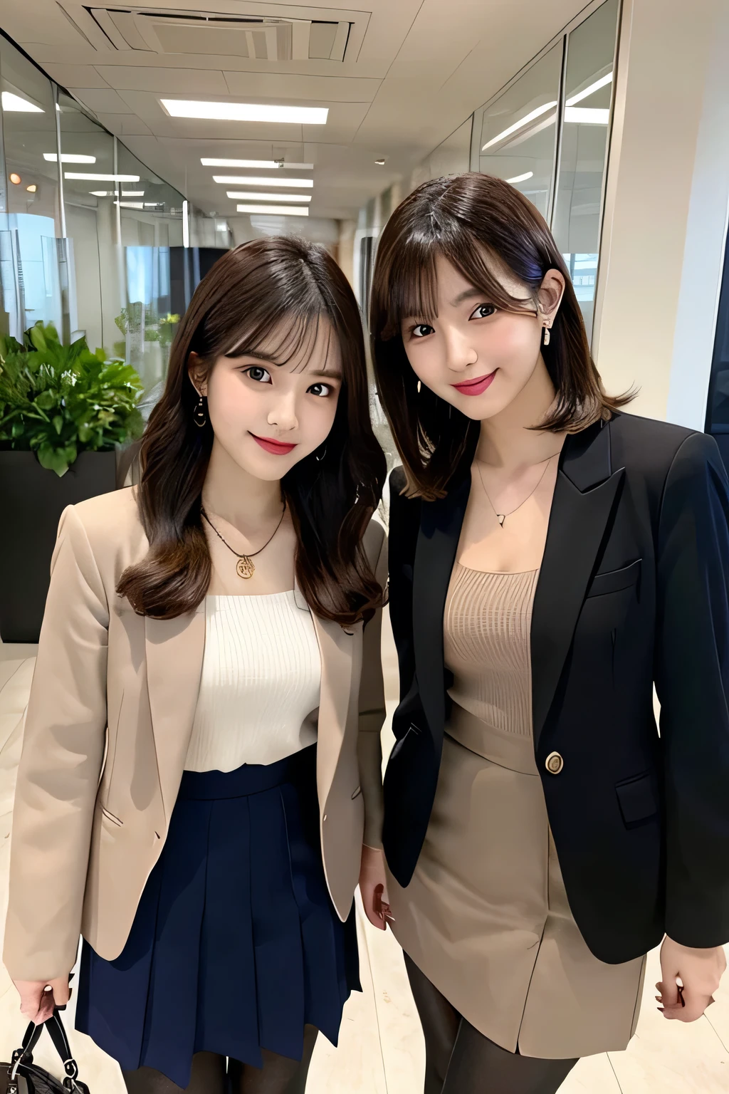 Beautiful young woman、Two women standing side by side in an office、 Brown Hair、Necklace around the neck、Office Lady Suits、Jacket、Unbuttoned shirt、Knee-length skirt、tights、pumps、Full body photo、smile、Beautiful teeth alignment、short hair、Intricate details, Very detailed:1.2), 、 Looking into the camera,The background is the office、Necklace around the neck、Dark eyeliner、ear piercing