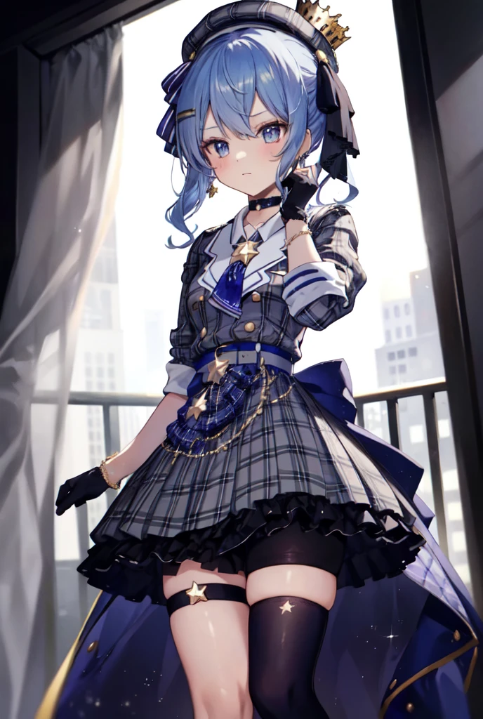 SuiseiBase, plaid beret, crown, blue star choker, star earrings, blue ascot, plaid jacket, plaid skirt, layered skirt, partially fingerless gloves, star bracelet, uneven legwear, thigh strap, long shot