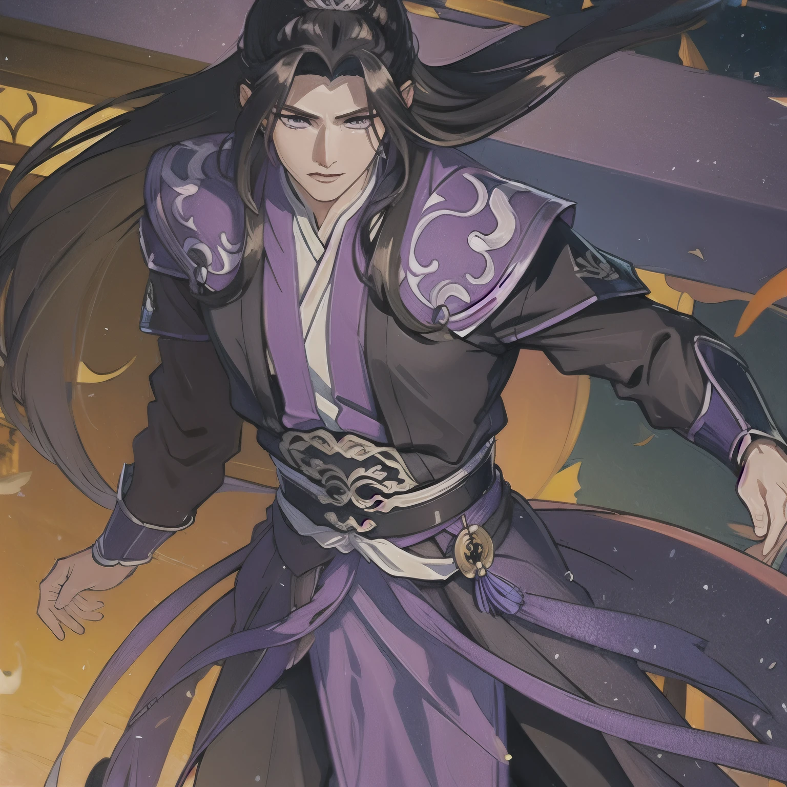 (masterpiece, best quality:1.2), 1male, solo, jiang cheng, mo dao zu shi, mdzs, purple and black clothes, purple eyes, long black hair, perfect anatomy