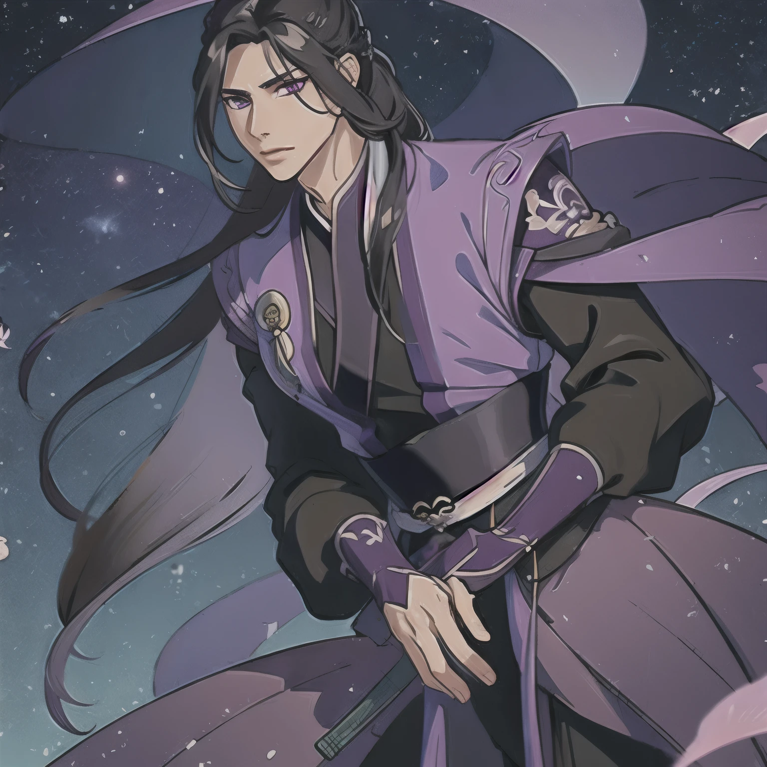 (masterpiece, best quality:1.2), 1male, solo, jiang cheng, mo dao zu shi, mdzs, purple and black clothes, purple eyes, long black hair, perfect anatomy