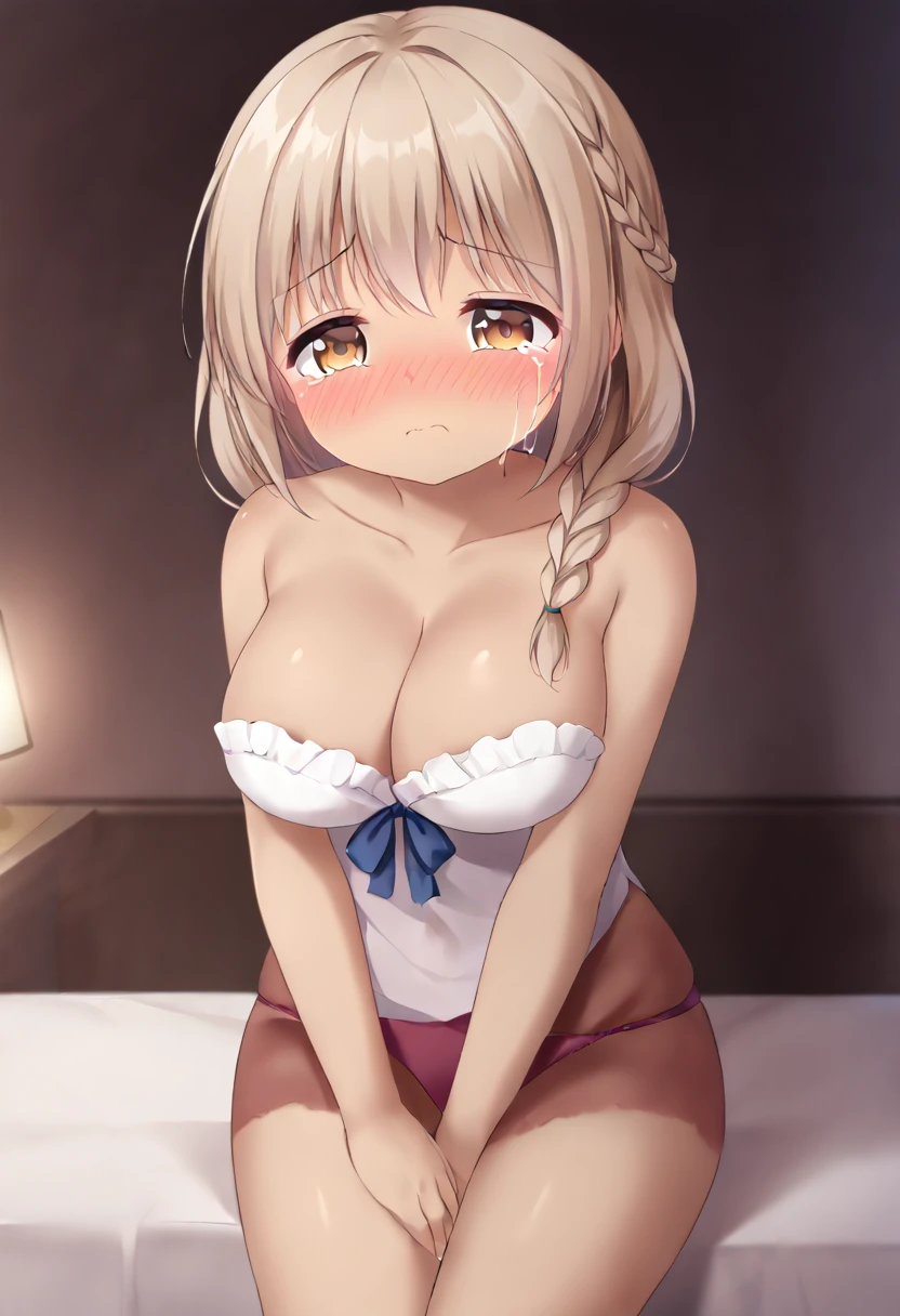 Cute little beautiful girl、stand、、(Sad crying face blush:1.3)、Beautiful Eyes、Brown skin、Braid、、Place your hands between your legs