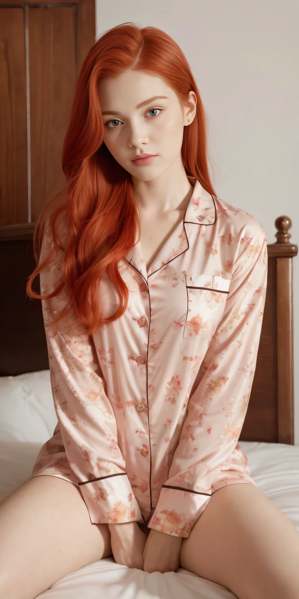 There is a woman sitting on a bed wearing a pink floral pajamas, red-haired girl, beautiful red-haired woman, red-haired woman, young red-haired girl, short bright red hair, red hair and attractive features, Anna Nikonova aka Newmilky, red-haired girl, redhead, beautiful woman, posing in bed, red head, with short red hair, posing in a room