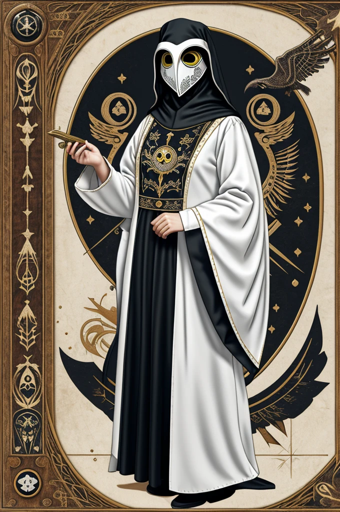 Female plague nurse in white costume and a raven or owl plague doctor mask. The front panel of her costume is embroidered with astrology designs. A digital character design.
