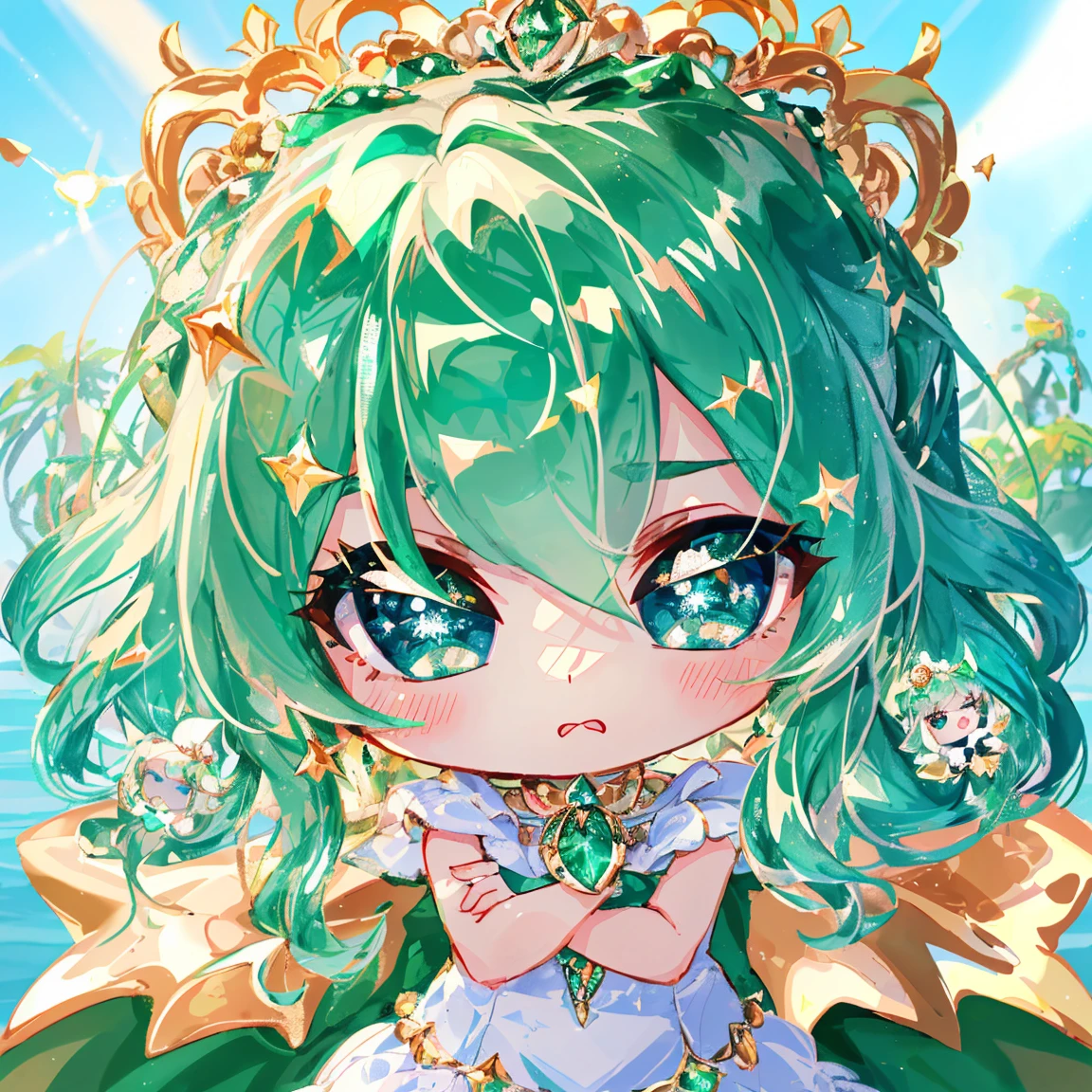 1 girl masterpiece, highest quality, shape, emerald green eyes and hair, platinum earrings, platinum necklace, Sea, The Little Mermaid, cute, (dynamic lighting:1.2), cinematic lighting, delicate features, fine eyes, sharp pupils, realistic student, written boundary depth, Bokeh, sharp focus, (very detailed, bloom, shine:1.4), lots of little gems (((Chibi Character)))(chibi:1.4)
