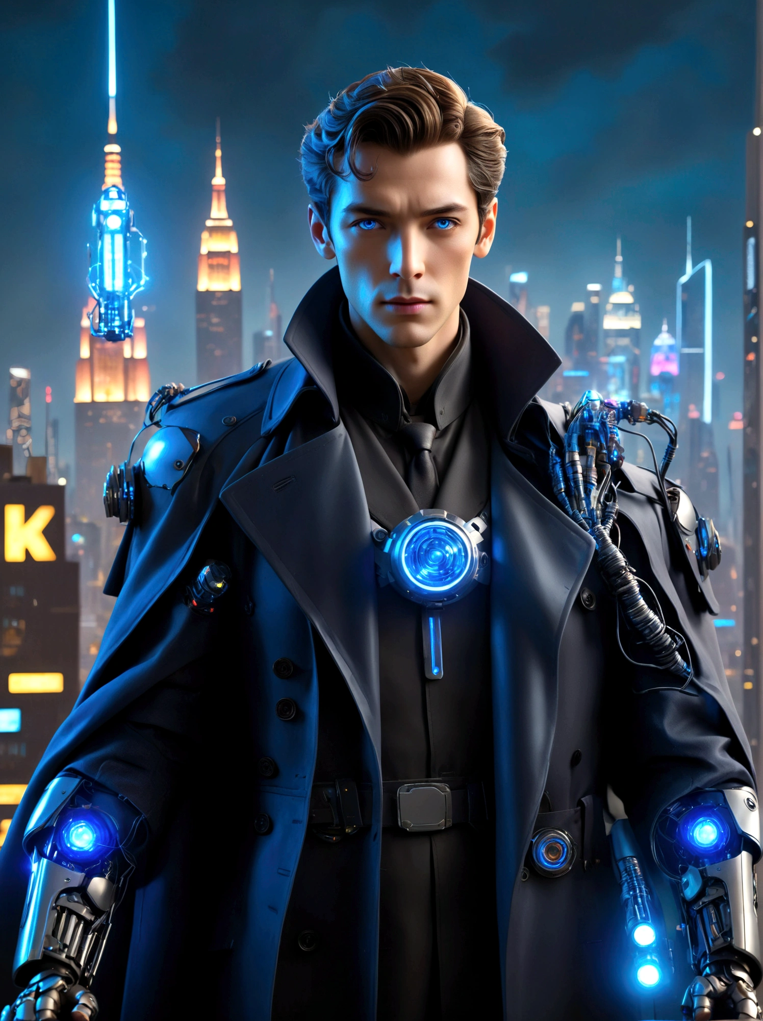 (best quality, 8k,highres,masterpiece:1.2), ultra-detailed, (realistic, photorealistic), Detective Gadget in a sleek black trench coat, standing confidently, showcasing advanced futuristic gadgets, electric blue accents on his gadgets, mechanical arms extending from his coat, sharp and determined eyes, futuristic cityscape in background, bokeh, studio lighting, sharp focus