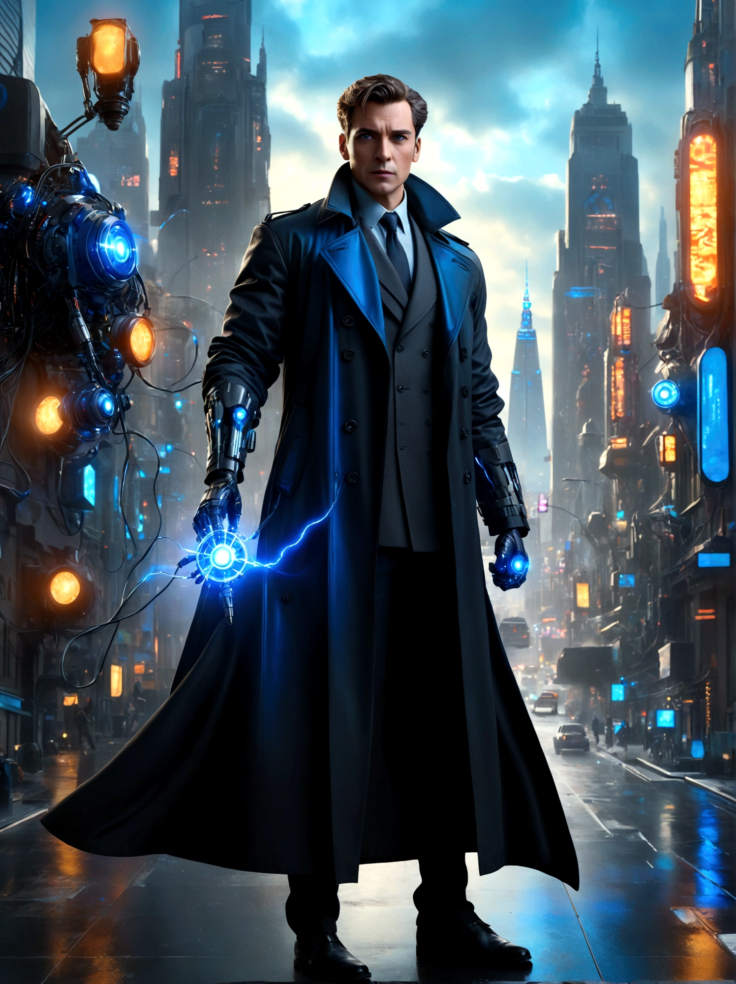 (best quality, 8k,highres,masterpiece:1.2), ultra-detailed, (realistic, photorealistic), Detective Gadget in a sleek black trench coat, standing confidently, showcasing advanced futuristic gadgets, electric blue accents on his gadgets, mechanical arms extending from his coat, sharp and determined eyes, futuristic cityscape in background, bokeh, studio lighting, sharp focus